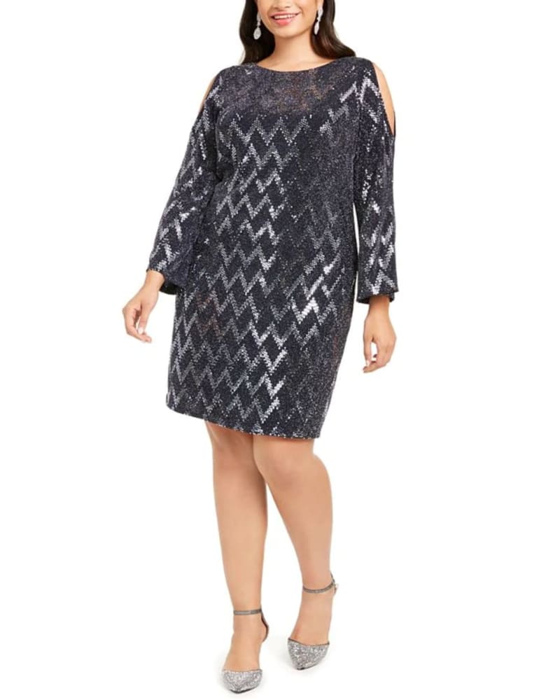 Front of a model wearing a size 14W Jessica Howard Women's Plus Metallic Cold Shoulder Sheath Dress Blue Size 14-W in Blue by Jessica Howard. | dia_product_style_image_id:313332